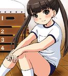  blush brown_eyes brown_hair gym_uniform long_hair lowres luna2 oekaki original sitting smile solo twintails vaulting_horse 