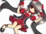  blush bow bowtie dress food frills fruit gloves gothic_lolita grey_hair hair_ribbon ichika kooh lolita_fashion long_hair lying on_back open_mouth outstretched_arms pangya red_eyes ribbon shoes solo spread_arms strawberry thigh_gap twintails very_long_hair 