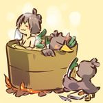  ahoge androgynous bathtub bird blush blush_stickers brown_hair closed_eyes farfetch'd fire food gen_1_pokemon hitec holding_spring_onion in_food moemon personification pokemon pokemon_(creature) short_hair simple_background soup spring_onion towel 