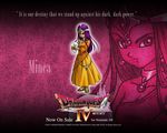  2007 character_name copyright_name crystal_ball dragon_quest dragon_quest_iv dress earrings english hat jewelry logo minea official_art purple_background purple_hair sandals solo source_quote toriyama_akira wallpaper yellow_dress 