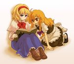  alice_margatroid apron arata_iri bad_id bad_pixiv_id blonde_hair blue_eyes book boots bow bowtie braid dress hairband kirisame_marisa long_hair maid_apron multiple_girls reading shawl shoes short_hair sitting touhou yellow_eyes 