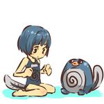  bare_shoulders barefoot blue_hair blush_stickers gen_1_pokemon hitec moemon one-piece_swimsuit personification pokemon pokemon_(creature) poliwag school_swimsuit short_hair simple_background sitting swimsuit tail 