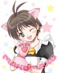  animal_ears antenna_hair ariga_nao bell bell_collar blue_eyes blush brown_hair cat_ears collar idolmaster idolmaster_(classic) idolmaster_live_for_you! kikuchi_makoto md5_mismatch one_eye_closed paws short_hair solo 