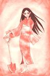  bad_id bad_pixiv_id bangs black_hair japanese_clothes kimono kitsu_chiri long_hair monochrome parted_bangs pink sayonara_zetsubou_sensei seishoku_fuoto shovel solo 