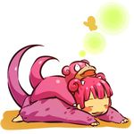  :3 =_= barefoot blush blush_stickers closed_eyes double_bun fang full_body gen_1_pokemon hitec lying moemon on_stomach open_mouth pajamas personification pink_hair pokemon pokemon_(creature) short_hair simple_background sleeping slowpoke tail 