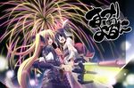  aerial_fireworks bardiche blonde_hair brown_hair energy_sword fate_testarossa fireworks japanese_clothes kazekawa_nagi kimono long_hair lyrical_nanoha mahou_shoujo_lyrical_nanoha multiple_girls purple_eyes raising_heart red_eyes short_hair sword takamachi_nanoha twintails very_long_hair weapon yukata 