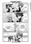  4girls =_= ahoge asymmetrical_legwear book_of_the_azure_sky cape caro_ru_lushe coat comic cross_mirage erio_mondial fingerless_gloves gauntlets gloves greyscale hair_ornament hard_translated hat headband heart jacket kerykeion lyrical_nanoha magical_boy magical_girl mahou_shoujo_lyrical_nanoha_strikers mikage_takashi monochrome multiple_girls one_eye_closed open_clothes open_coat open_jacket reinforce_zwei revolver_knuckle single_fingerless_glove single_gauntlet single_thighhigh subaru_nakajima teana_lanster thighhighs translated twintails waist_cape x_hair_ornament 