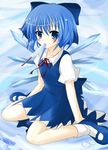  blue_eyes blue_hair cirno food hair_ribbon ice ice_cream ice_wings popsicle ribbon short_hair sitting solo t_(dyuhuhudyukusi) touhou wariza wings 