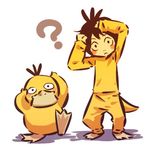  :c ? bird black_hair blush_stickers costume duck gen_1_pokemon hands_on_own_head hitec male_focus moemon nostrils personification pokemon pokemon_(creature) psyduck shadow simple_background standing staring tail 