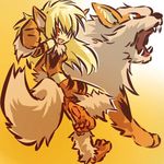  animal_ears arcanine bare_shoulders bike_shorts blonde_hair blush_stickers clenched_hand costume detached_sleeves fang fur gen_1_pokemon hitec jpeg_artifacts long_hair looking_back midriff moemon open_mouth paws personification pokemon pokemon_(creature) red_eyes simple_background tail 