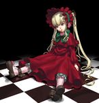  blonde_hair blue_eyes bonnet checkered checkered_floor cozy dress long_hair perspective rozen_maiden shinku sitting solo twintails 