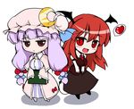  :&lt; :d blush book breasts chibi crescent demon_tail fangs hair_ribbon hat head_wings heart koakuma long_hair medium_breasts multiple_girls necktie nekohane_ryou open_mouth patchouli_knowledge purple_eyes purple_hair red_eyes red_hair ribbon simple_background slit_pupils smile spoken_heart tail touhou vest white_background wings 