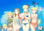  4girls beach bikini blonde_hair box brown_hair cardboard_box crossover day flower food fruit gen_1_pokemon hair_flower hair_ornament ice_climber jigglypuff kirby kirby_(series) link mario_(series) metal_gear_(series) metal_gear_solid metroid mr._game_&amp;_watch multiple_boys multiple_crossover multiple_girls nana_(ice_climber) orange_sarong outdoors peach pikachu pokemon pokemon_(creature) princess_peach princess_zelda samus_aran sarong super_mario_bros. super_smash_bros. swimsuit the_legend_of_zelda toon_link uichi watermelon 