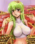  bangs bare_shoulders blush breasts c.c. code_geass eating food gaku_(wheel_of_lunokhod) green_hair holding_pizza impossible_clothes impossible_shirt large_breasts long_hair midriff pizza product_placement sexually_suggestive shirt sleeveless sleeveless_turtleneck solo tongue turtleneck yellow_eyes 