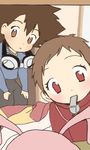  1girl brother_and_sister brown_eyes brown_hair digimon digimon_adventure goggles koromon kurot lowres red_eyes short_hair siblings whistle yagami_hikari yagami_taichi 