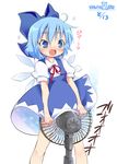  1girl bad_id bad_pixiv_id blue_eyes blue_hair blush cirno electric_fan fanning_crotch fanning_self miyao_ryuu ribbon short_hair solo touhou 