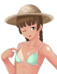  ;p armpits bikini bikini_pull bikini_tan braid breasts brown_eyes brown_hair hat head_tilt looking_at_viewer maria-sama_ga_miteru one_eye_closed pulled_by_self shimazu_yoshino shiny shiny_skin simple_background small_breasts solo strap_lift straw_hat swimsuit tan tanline tongue tongue_out toshifumi twin_braids upper_body white_background 