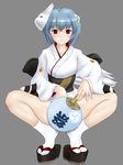  ayanami_rei blue_hair bottomless dc_high_voltage fan fox_mask japanese_clothes kimono mask neon_genesis_evangelion paper_fan red_eyes sandals short_hair solo spread_legs squatting uchiwa 