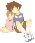  1girl blush brother_and_sister brown_hair closed_eyes digimon digimon_adventure dress goggles kurot short_hair shorts siblings sleeping socks transparent_background yagami_hikari yagami_taichi 