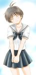  antenna_hair ariga_nao blush bow brown_hair closed_eyes cloud idolmaster idolmaster_(classic) idolmaster_1 kikuchi_makoto md5_mismatch school_uniform serafuku short_hair sky smile solo summer_days_school_(idolmaster) 