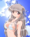  air bikini breasts cloud covered_nipples day long_hair md5_mismatch medium_breasts red_eyes see-through silver_hair sky solo swimsuit toono_minagi yama_(shinanoya) 