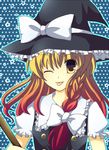  ;) blonde_hair blush bow braid broom brown_eyes collar hair_bow hat holding kirisame_marisa mikage_natsu one_eye_closed puffy_short_sleeves puffy_sleeves short_sleeves single_braid smile solo tareme touhou upper_body white_bow witch_hat 