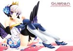  armor armored_dress bare_shoulders blush breasts choker cleavage crown detached_sleeves dress flower gwendolyn large_breasts miyasu_risa odin_sphere petals purple_eyes short_hair sitting strapless strapless_dress thighhighs white_hair wings 