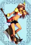  :d adjusting_hair armband axe bad_id bad_pixiv_id bangs bike_shorts blue_background blush border breasts brown_hair cleavage cleavage_cutout crop_top dark_skin feathers final_fantasy final_fantasy_ix fingerless_gloves gem gloves gradient green_eyes hand_in_hair headband huge_weapon lani leaning_forward leg_lift long_hair looking_at_viewer medium_breasts midriff minatosaiga nail_polish navel open_mouth profile shoes skirt smile solo standing standing_on_one_leg striped striped_background tan turtleneck weapon 
