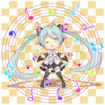  aqua_eyes aqua_hair chibi detached_sleeves hatsune_miku highres long_hair looking_at_viewer musical_note one_eye_closed open_mouth shiitake_(mm0820) skirt smile solo thighhighs twintails very_long_hair vocaloid 