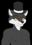 anthro black_fur black_nipples black_nose black_sclera canid canine canis clothed clothing domestic_dog fur hat husky male mammal nipples smile solo swiftnicity thehuskyk9 top_hat topless white_fur yellow_eyes 