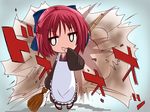  apron bamboo_broom bow broom chibi explosion hair_bow half_updo hand_to_own_mouth highres japanese_clothes kimono kinka kohaku maid melty_blood red_hair short_hair smile tsukihime 