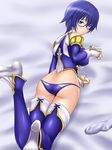  ass bed_sheet blue_eyes blue_hair blush breasts butt_crack covered_nipples embarrassed glasses high-cut_armor highres hips hiro_(hankakudouga) large_breasts legs looking_at_viewer nipples panties persona persona_4 shirogane_naoto short_hair socks solo thighhighs underwear 