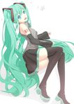  :d absurdres aqua_hair bare_shoulders blue_eyes boots detached_sleeves hatsune_miku highres koyaya long_hair open_mouth simple_background skirt smile solo thigh_boots thighhighs twintails very_long_hair vocaloid white_background 