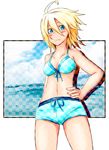  1girl bikini blonde_hair blue_eyes blush breasts eleonore_kliesen ichiran namco short_hair solo swimsuit tekken 