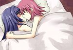  bad_id bad_pixiv_id blanket blue_hair blush closed_eyes couple french_kiss hirose_sumire kiss long_hair lying miyanaga_teru multiple_girls red_hair saki short_hair youyan yuri 