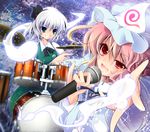  blush breasts drum drum_set drumsticks enjoy_mix foreshortening green_eyes hair_ribbon hairband hands hat hitodama instrument japanese_clothes konpaku_youmu konpaku_youmu_(ghost) long_sleeves medium_breasts microphone multiple_girls music pink_hair red_eyes ribbon saigyouji_yuyuko short_hair silver_hair singing sitting skirt smile touhou triangular_headpiece wide_sleeves 