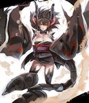  bare_shoulders black_diablos black_hair breasts brown_eyes cleavage highres horns japanese_clothes kimono large_breasts long_hair monster_hunter open_mouth panties personification solo tail umitsuki underwear white_panties wide_sleeves 