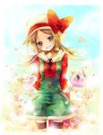  amamiya_kabosu brown_hair cabbie_hat flower gen_1_pokemon hat jigglypuff kotone_(pokemon) overalls pokemon pokemon_(creature) ribbon thighhighs twintails 