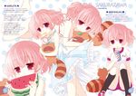  animal animal_hug artist_name barefoot black_legwear can choker crepe criss-cross_halter dress drinking drinking_straw eating food frills fruit gym_shorts gym_uniform halterneck inu_x_boku_ss kneehighs pink_eyes pink_hair polka_dot polka_dot_dress ribbon_choker roromiya_karuta sakurazawa_izumi shoes shorts sneakers tanuki twintails watanuki_banri watermelon 