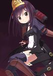  bad_id bad_pixiv_id black_hair black_legwear blush brown_eyes daidai long_hair looking_at_viewer original shoulder_pads smile solo thighhighs twintails 