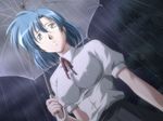  1girl blue_hair ecchi_na_bunny-san_wa_kirai ecchi_na_bunny-san_wa_kirai? game_cg glasses green_eyes rain short_hair umbrella yamane_masahiro yanagi_hiromi zyx 