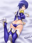  ass bed_sheet blue_eyes blue_hair blush breasts butt_crack covered_nipples embarrassed high-cut_armor highres hips hiro_(hankakudouga) large_breasts legs looking_at_viewer panties persona persona_4 shirogane_naoto short_hair socks solo thighhighs underwear 