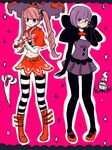  2girls boots crossover elite_four female ghost glasses midriff multiple_girls one_piece pachibi perona pink_hair pokemon purple_hair shikimi_(pokemon) short_cape skirt striped striped_legwear thighhighs thriller_bark twintails umbrella 