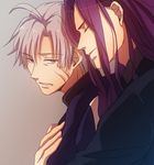  fate/zero fate_(series) grey_background grey_hair hug hug_from_behind long_hair male_focus matou_kariya multiple_boys purple_hair sng 