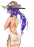  alternate_hairstyle ass back bare_back blue_hair butt_crack food fruit hat hinanawi_tenshi jon_sandman long_hair no_bra panties peach pink_eyes ponytail see-through side-tie_panties solo straw_hat touhou underwear white_background 