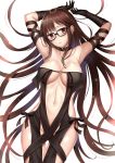  1girl armpits arms_up bangs bare_shoulders black-framed_eyewear black_choker black_dress black_gloves breasts brown_hair center_opening choker cleavage closed_mouth collarbone consort_yu_(fate) cowboy_shot dress ear_piercing earrings elbow_gloves fate/grand_order fate_(series) glasses gloves groin hair_spread_out harimoji head_tilt highres jewelry large_breasts long_hair looking_at_viewer medium_breasts navel piercing purple_eyes revealing_clothes side-tie_dress sidelocks simple_background solo stomach strapless strapless_dress thighs very_long_hair white_background 