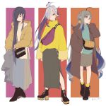  3girls ahoge ankle_boots asashimo_(kantai_collection) bag black_footwear black_hair boots casual coat colis commentary_request earrings eyes_closed grey_eyes grey_hair hair_between_eyes hair_over_one_eye handbag hayashimo_(kantai_collection) high_heel_boots high_heels jacket jewelry kantai_collection kiyoshimo_(kantai_collection) long_skirt multiple_girls one_eye_covered ponytail silver_hair skirt socks winter_clothes winter_coat yellow_legwear 