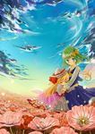  aqua_eyes ascot blonde_hair bow capelet daiyousei dress fairy_wings field flower flower_field green_hair hair_bow hair_ribbon hat height_difference highres hug light_particles lily_white long_hair multiple_girls okemai poppy_(flower) ribbon short_hair side_ponytail skirt touhou white_dress wings 