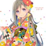  1girl 2019 alternate_costume colis commentary_request confetti floral_print flower grey_eyes grey_hair hair_between_eyes hair_flower hair_ornament happy_new_year japanese_clothes kantai_collection kimono kiyoshimo_(kantai_collection) long_hair looking_at_viewer low_twintails multicolored multicolored_clothes multicolored_kimono new_year smile solo twintails upper_body very_long_hair white_background 