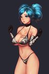  animal_print bikini blue_eyes blue_hair body_writing breasts cleavage collar cow_print downscaled elbow_gloves gloves instant_ip large_breasts league_of_legends md5_mismatch navel parted_lips resized shiny shiny_skin solo sona_buvelle strap_gap swimsuit tattoo twintails underboob 
